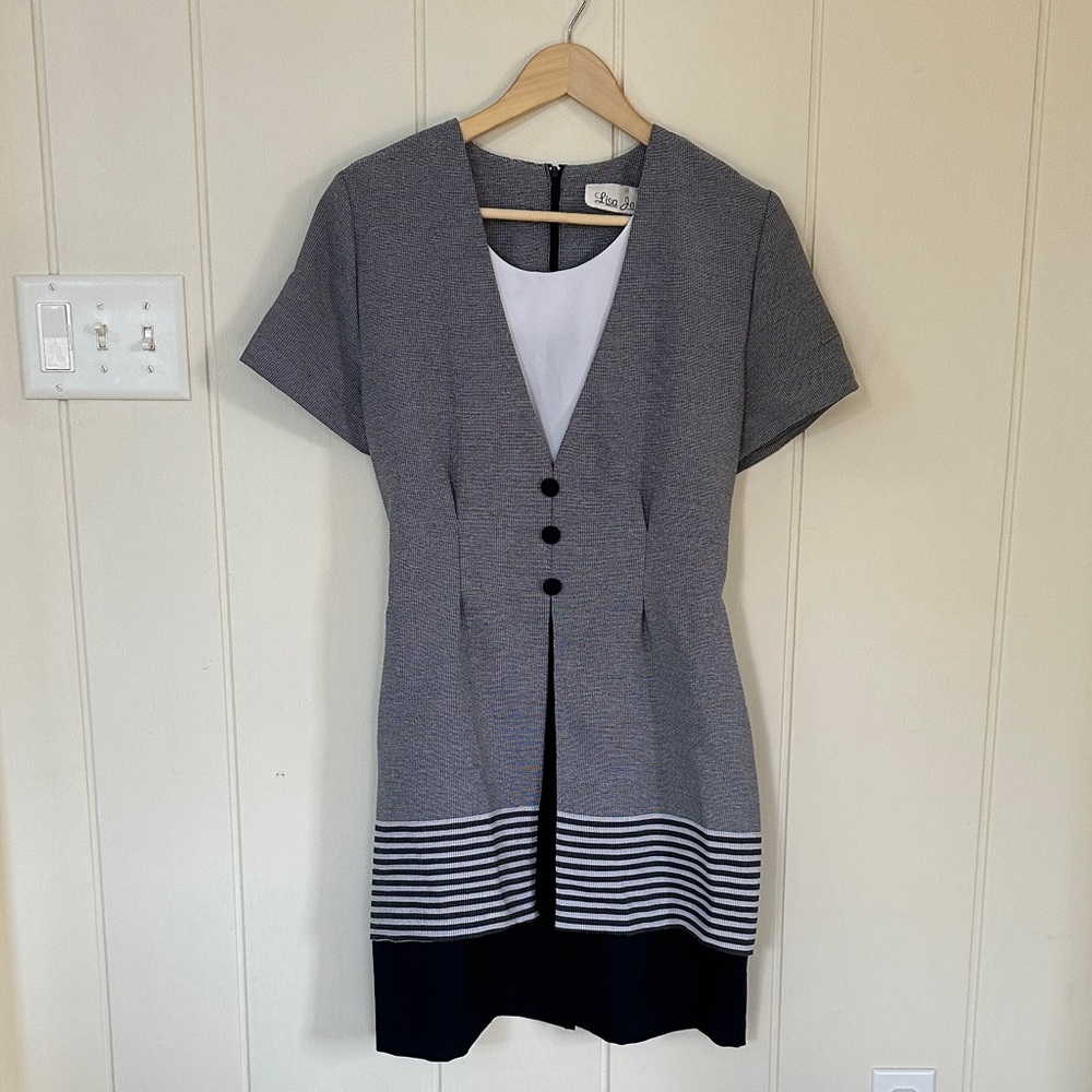 Vintage Lisa Jo Dark Blue and white Midi Dress